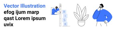 Man climbing risk ladder, individual pondering, potted plant symbolizing growth. Ideal for strategy, business planning, decision-making, problem-solving, career challenges goal-setting. Flat landing