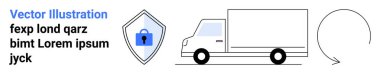 Delivery truck, shield with padlock, and circular arrow signifying logistics, transportation protection, secure delivery, reliability, supply chain flow, and sustainability. Ideal for e-commerce