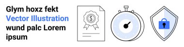 Certificate with dollar sign, stopwatch showing speed, and shield with lock. Ideal for finance, security, time management, certifications, technology trust business strategy. Flat landing page