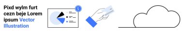 Graph with pie and bar charts, hand holding card, cloud. Ideal for finance, data analytics, fintech, payment system, cloud tech, business solutions simple landing page