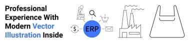 ERP at center connecting business icons thumbs up analytics, shopping cart, and email, factory symbols, business automation. Ideal for technology, logistics, manufacturing, data ERP efficiency