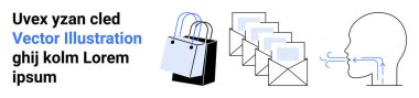 Shopping bags, flowing emails, and airflow illustration near a speaking human outline. Ideal for e-commerce, delivery, communication, marketing, customer interaction, shopping experience flat