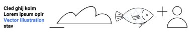 Cloud shape, fish with fins, plus sign, human outline, and placeholder text in abstract minimalist composition. Ideal for creativity, ecology, weather, communication nature symbols simple landing