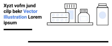Medicine bottles, pill packets, and jars arranged on a shelf representing healthcare, pharmacy, treatment, medication, health services, medical supplies, and simple landing page