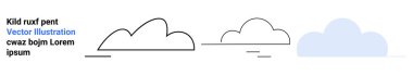 Set of three minimalist cloud designs featuring an outline, semi-filled, and fully shaded style. Ideal for weather, nature, technology, simplicity, environment, climate and simple landing page