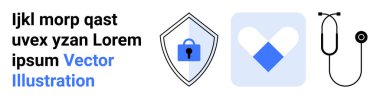 Shield with lock, heart icon, and stethoscope promoting healthcare security. Ideal for telemedicine, data privacy, patient safety, technology, health insurance, medical apps flat landing page banner