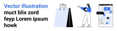 Shopping bag with user browsing smartphone, pointing at sales highlights. Ideal for e-commerce, mobile apps, online stores, communication, marketing, retail, simple landing page