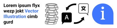 Coins stacked, translation icon with arrows, and info icon illustrating financial exchange, multilingual communication, and user assistance. Ideal for finance, trade, education, apps banking