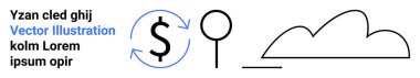Dollar symbol with circular arrows, magnifying glass, and abstract cloud line. Ideal for finance, business strategy, investment, analytics, innovation, online tools simple landing page