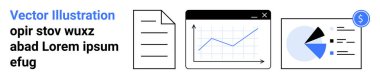 Document, line graph in a window, pie chart with labels. Ideal for business analytics, financial reports, data trends, strategy planning, finance, presentations simple landing page