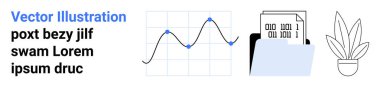 Line graph with data points, folder with binary-coded files, and potted plant reflecting modern, productive workspace environment. Ideal for analytics, data storage, productivity concepts