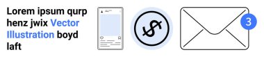 Smartphone with text notification, currency icon, email envelope with badge for updates. Ideal for communication, marketing, fintech, banking, email services, messaging simple landing page