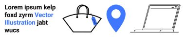 Handbag with tag, blue location pin, and laptop showcasing e-commerce, shopping, and digital connectivity. Ideal for retail, delivery, online marketplace, navigation advertisements marketing flat