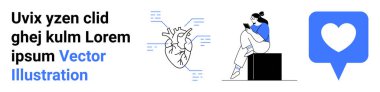 Woman using phone, anatomical heart drawing, and heart in a blue speech bubble. Ideal for healthcare, wellness, technology, digital health, communication medical apps social media. Landing page