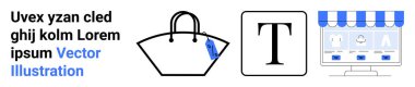 Handbag with price tag, typography letter T, storefront with striped awning and product display. Ideal for e-commerce, fashion, branding, typography, retail, marketing flat landing page banner