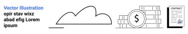 Cloud shape, stacked coins with dollar sign, and signed contract document symbolizing digital finance, cloud storage, and legal agreements. Ideal for banking, cloud services, legal management