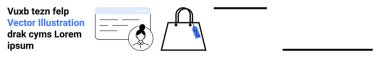 Profile card alongside a shopping bag illustrates e-commerce, retail, identity, and tags. Ideal for e-commerce, user interface, branding, identity, retail marketing flat landing page banner