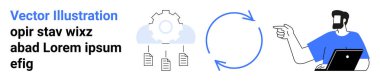 Cloud gear connecting documents, circular arrows symbolizing synchronization, man with laptop pointing. Ideal for technology, cloud computing, workflow, user interaction, automation, collaboration