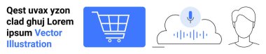 Shopping cart icon, cloud with voice command symbol, user profile outline. Ideal for e-commerce, tech innovation, online retail, customer service, AI interfaces, digital identity simple landing page