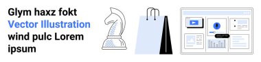 Chess knight and shopping bag near digital dashboard showcasing video content, data charts, and user interaction. Ideal for technology, analytics, business strategy, e-commerce, advertising