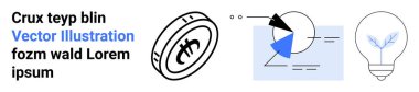 Cryptocurrency coin, data pie chart with elements, and light bulb symbolizing innovation. Ideal for finance, data analysis, innovation, cryptocurrency, business strategy, fintech simple landing page