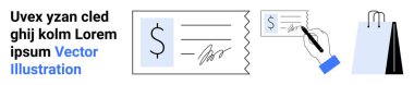 Hand signing a check near shopping bags and a signed receipt. Ideal for finance, payment, shopping, e-commerce, banking, transactions, simple landing page