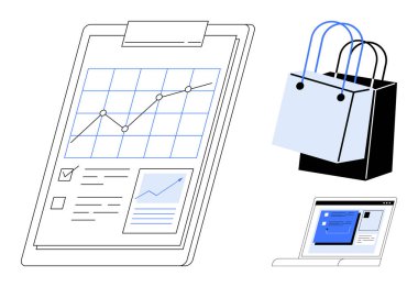 Clipboard displaying performance data and checklists, shopping bags symbolizing retail, laptop showing online data. Ideal for business, e-commerce, market analysis, data review, online shopping