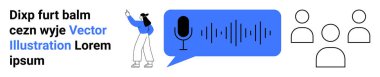 Woman gesturing towards a microphone inside a speech bubble, soundwaves, and group icons nearby. Ideal for communication, podcast, teamwork, speech, audio tech, presentations simple landing page