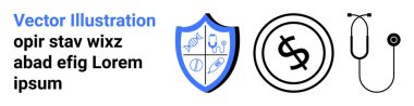 Shield with medical icons, circular dollar sign, and stethoscope. Ideal for healthcare, insurance, finances, medical ethics, wellness, cost management abstract line flat metaphor