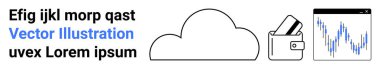 Cloud icon, wallet with cards, and stock market graph with text. Ideal for finance, cloud storage, banking, market analysis, fintech data management and investment themes. Landing page