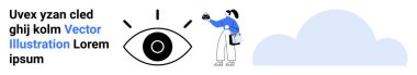 Woman holding magnifying glass near an eye graphic with focus lines, standing next to a cloud shape. Ideal for vision, analytics, technology, security, exploration, focus, flat landing page banner