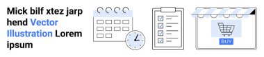 Calendar with clock, checklist, and an online store cart icon portraying productivity, planning, organization, scheduling, e-commerce, business strategy. Ideal for apps websites banners flat