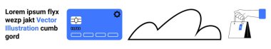 Credit card, cloud outline, and hand holding shopping bag symbolize digital transactions, data storage, and secure e-commerce. Ideal for fintech, online payments, cloud services, cybersecurity