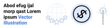 Globe surrounded by stars, a dollar coin symbol, and wind turbine suggest economic sustainability, global trade, innovation, finance, energy, environment, and simple landing page