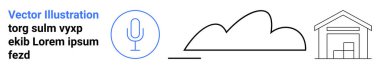 Microphone inside circle, arching cloud, and minimal warehouse structure. Ideal for technology, cloud services, storage, communication, podcasting, smart systems and simple landing page
