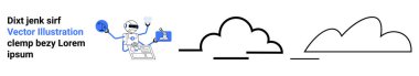 Robot character juggling tasks with documents and icons next to minimalist cloud artwork. Ideal for multitasking, technology, automation, data storage, cloud computing, workflow, simple landing page