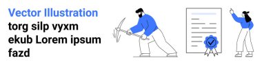 Male mining with pickaxe, certified document with seal, female presenting ideas. Ideal for teamwork, certification, success, labor, education, motivation simple landing page