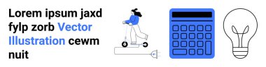 Woman on an electric scooter in a modern setting next to calculator and light bulb. Ideal for innovation, transportation, technology, creativity, efficiency, sustainability, simple landing page