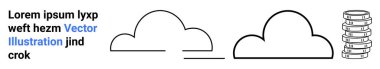 Simplified outline of two cloud shapes next to server stack. Ideal for technology, computing, data storage, networking, IT infrastructure, cloud services, simple landing page