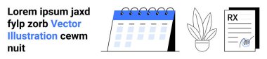 Open calendar with spiral binding, potted plant, and signed prescription document. Ideal for scheduling, health, organization, productivity, wellness, medical themes flat landing page banner