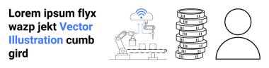 Robotic arm managing production, cloud connectivity visual cue, stacked coins symbolizing finance, and user icon. Ideal for manufacturing, technology, finance, automation, data business simple