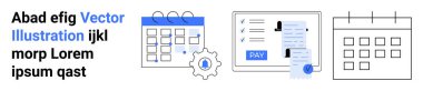 Series of linear illustrations feature a calendar, cogwheel, payment ledger, and documents on screen. Ideal for scheduling, automation, payment systems, workflows, administration tech solutions