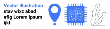 Blue geolocation pointer, circuit chip with neural connections, plant outline. Ideal for technology, AI, innovation, navigation, organic growth, creativity simple landing page