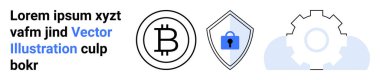 Bitcoin logo, shield with a lock, and gear icon symbolize cryptocurrency, security, blockchain operation, fintech, privacy, cyber protection and digital innovation. Ideal for fintech apps