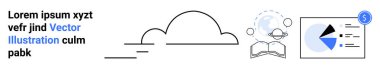Cloud graphic with open book, financial chart, and floating icons representing research, analytics, and innovation. Ideal for technology, e-learning, finance, cloud solutions research data science