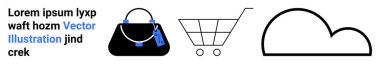 Black luxury handbag with keychains, shopping cart outline, and cloud graphic. Ideal for online shopping, retail, cloud storage, e-commerce, minimalism, consumer goods and flat landing page banner