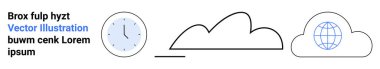 Clock, minimal clouds, and globe within a cloud outline suggest time, cloud computing, and global connectivity. Ideal for technology, productivity, business, global networks data access time