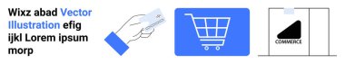 Hand holding a card, shopping cart icon, and a package labeled e-commerce. Ideal for technology, online shopping, retail, e-commerce platforms, payments, digital business simple landing page