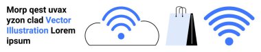 Cloud with wireless signals, shopping bags, and connectivity icons represent digital communication, e-commerce, data sharing, and technology. Ideal for retail tech, cloud apps, online stores