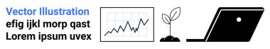 Graph of rising data trends, sprouting plant symbolizing growth, and laptop suggesting technology. Ideal for business progress, startup strategy, innovation, sustainability, environment, data